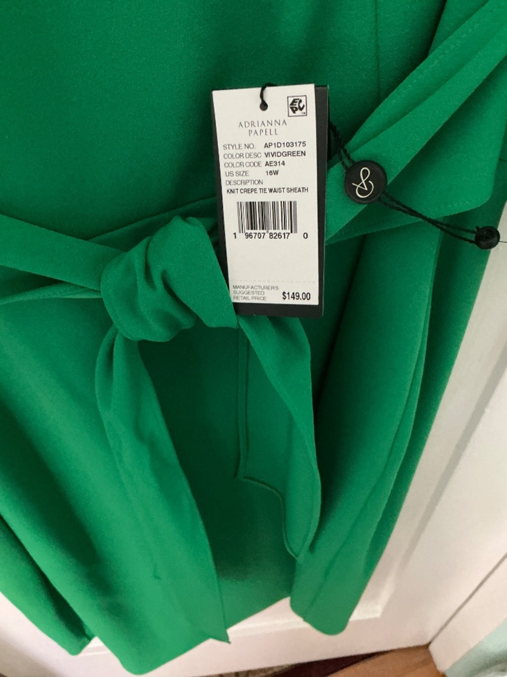 NWT Adrianna Papell 16W Emerald Green Tie Waist Sheath Dress - Picture 2 of 4